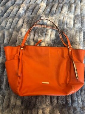 Burberry Orange Leather Tote with Signature Plaid Trim
